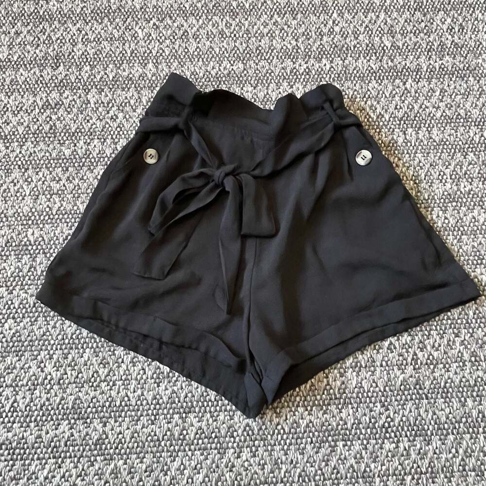 FAVLUX High-Waisted Black Paperbag Tie-Waist Shorts with Button Detail